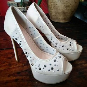 Cream satin rhinestone embellished stiletto pumps